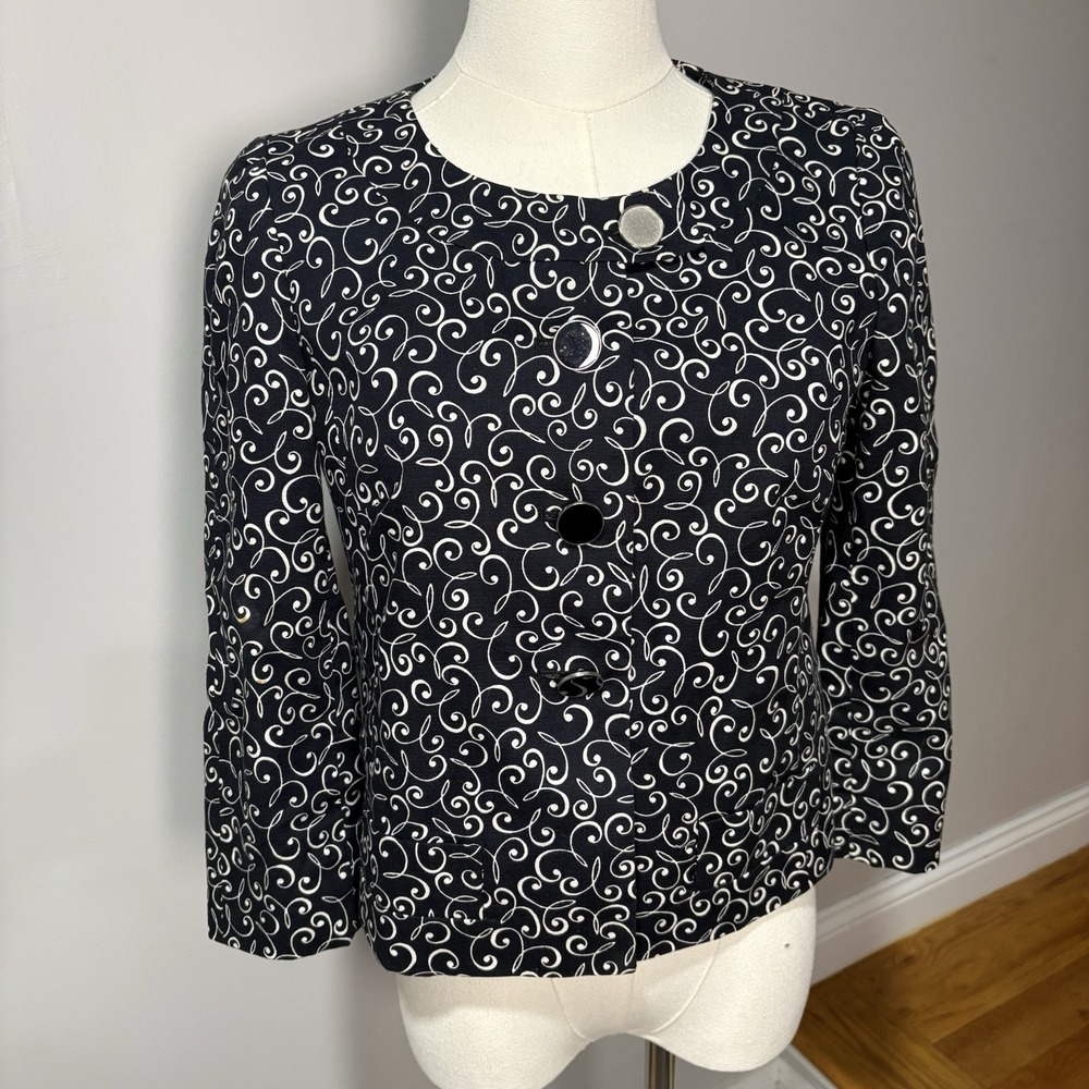 Ann Taylor Loft Black White Geometric Cotton 3/4 Sleeve Blazer Jacket Sz 0P